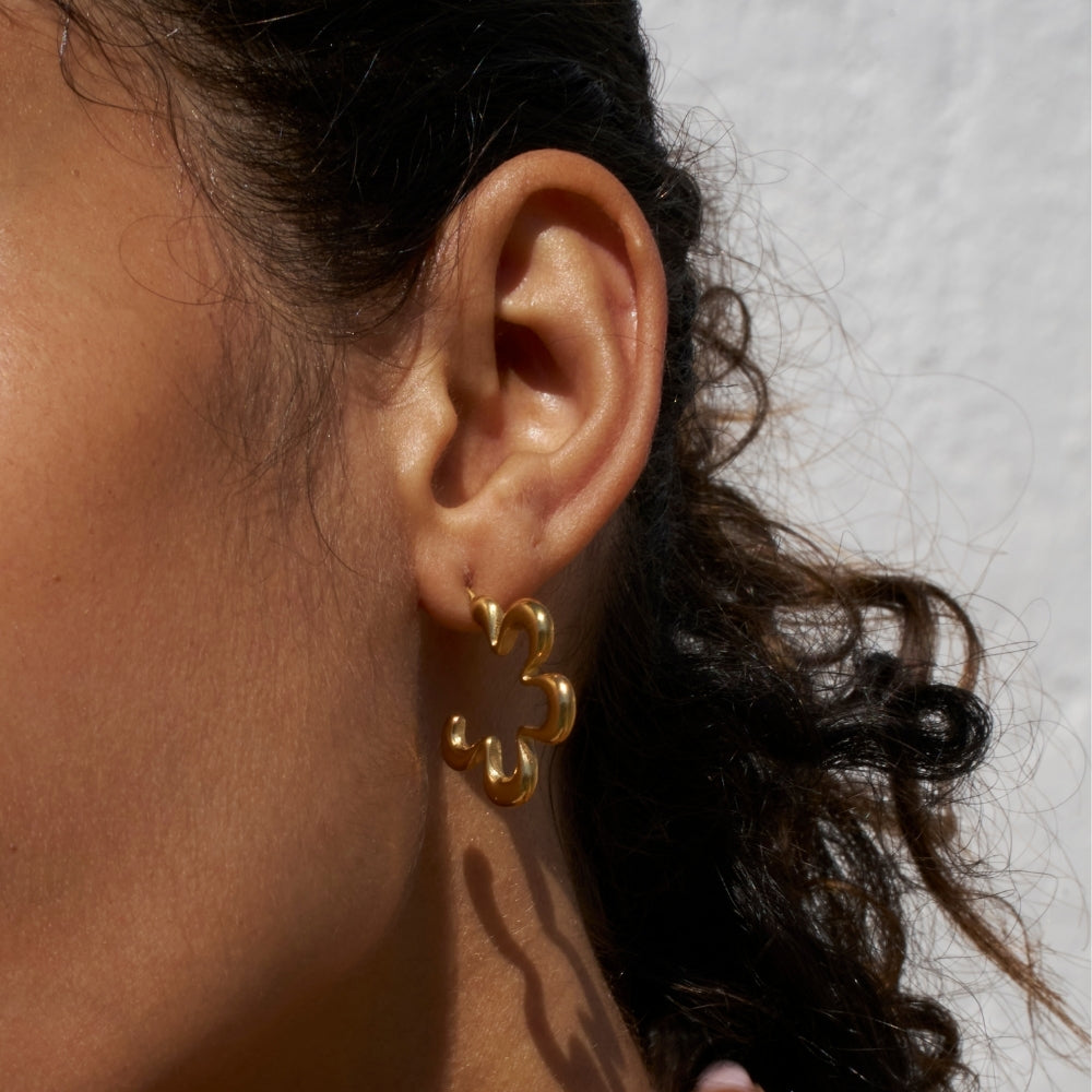 Geometric Gold Flower Hoop Earrings
