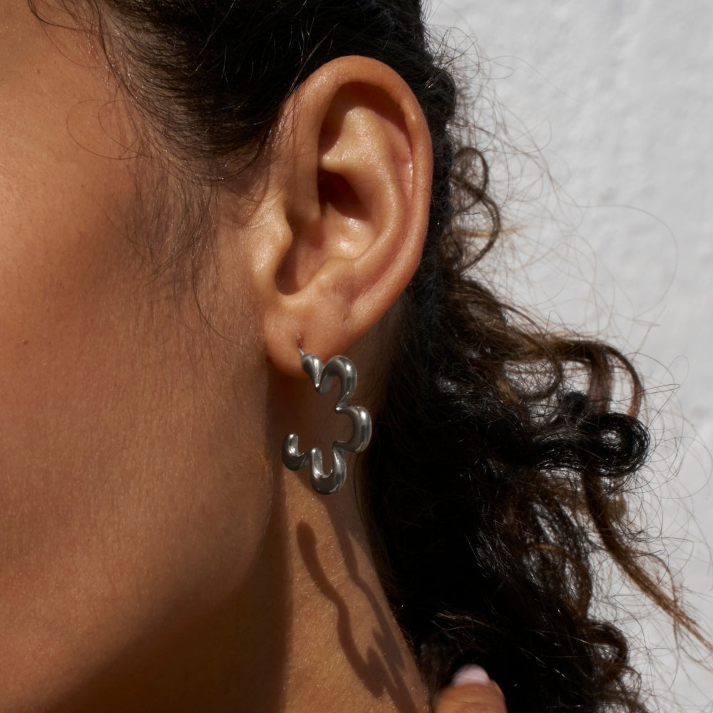 Geometric Silver Flower Hoop Earrings