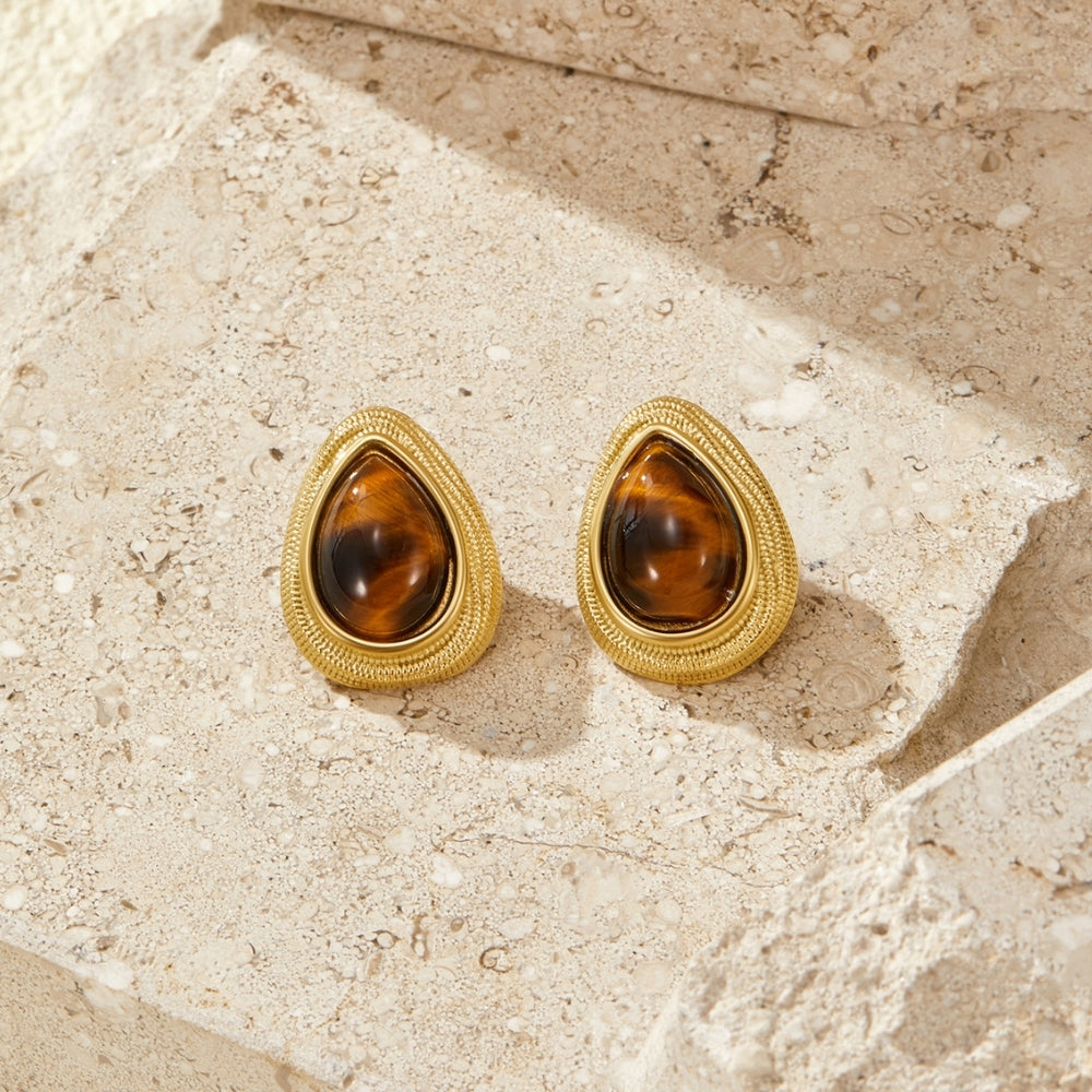 Gold Tiger Eye Teardrop Earrings