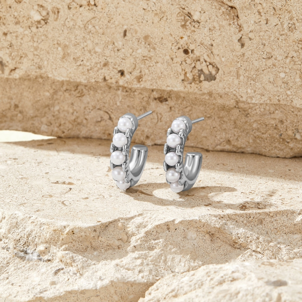 Lena Pearl Silver Hoop Earrings