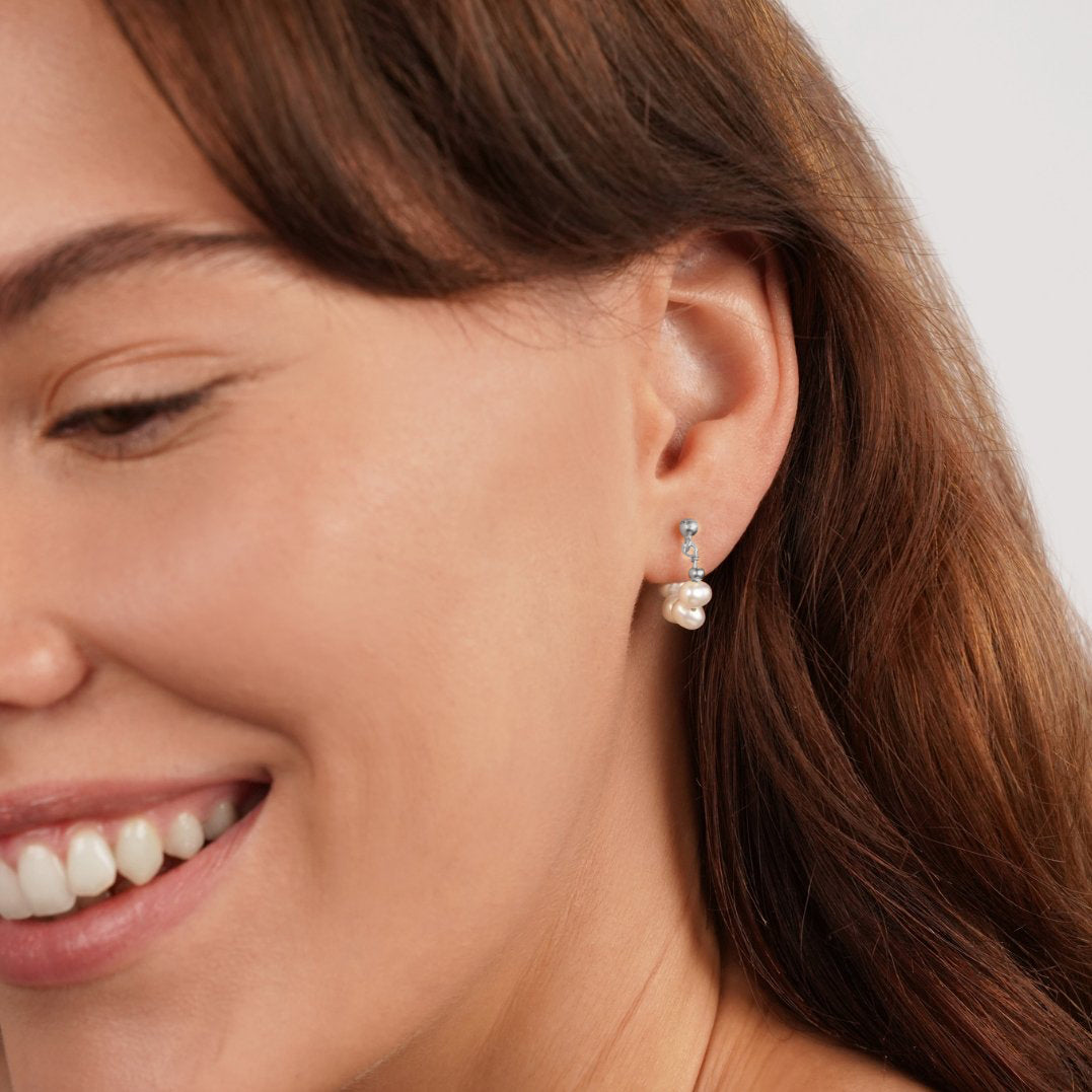 Celine Pearl Silver Hoop Earrings