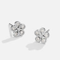 Five Petal Bloom Silver Earrings, pair of flower stud earrings on a plain white background