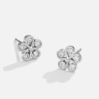 Five Petal Bloom Silver Earrings, pair of flower stud earrings on a plain white background