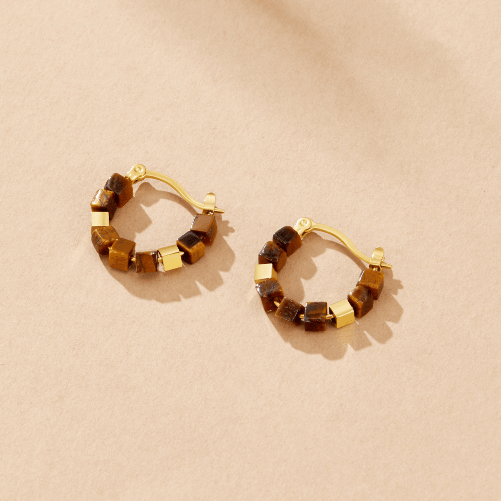 Gold Tiger Eye Cube Hoop Earrings - Beautiful Earth Boutique