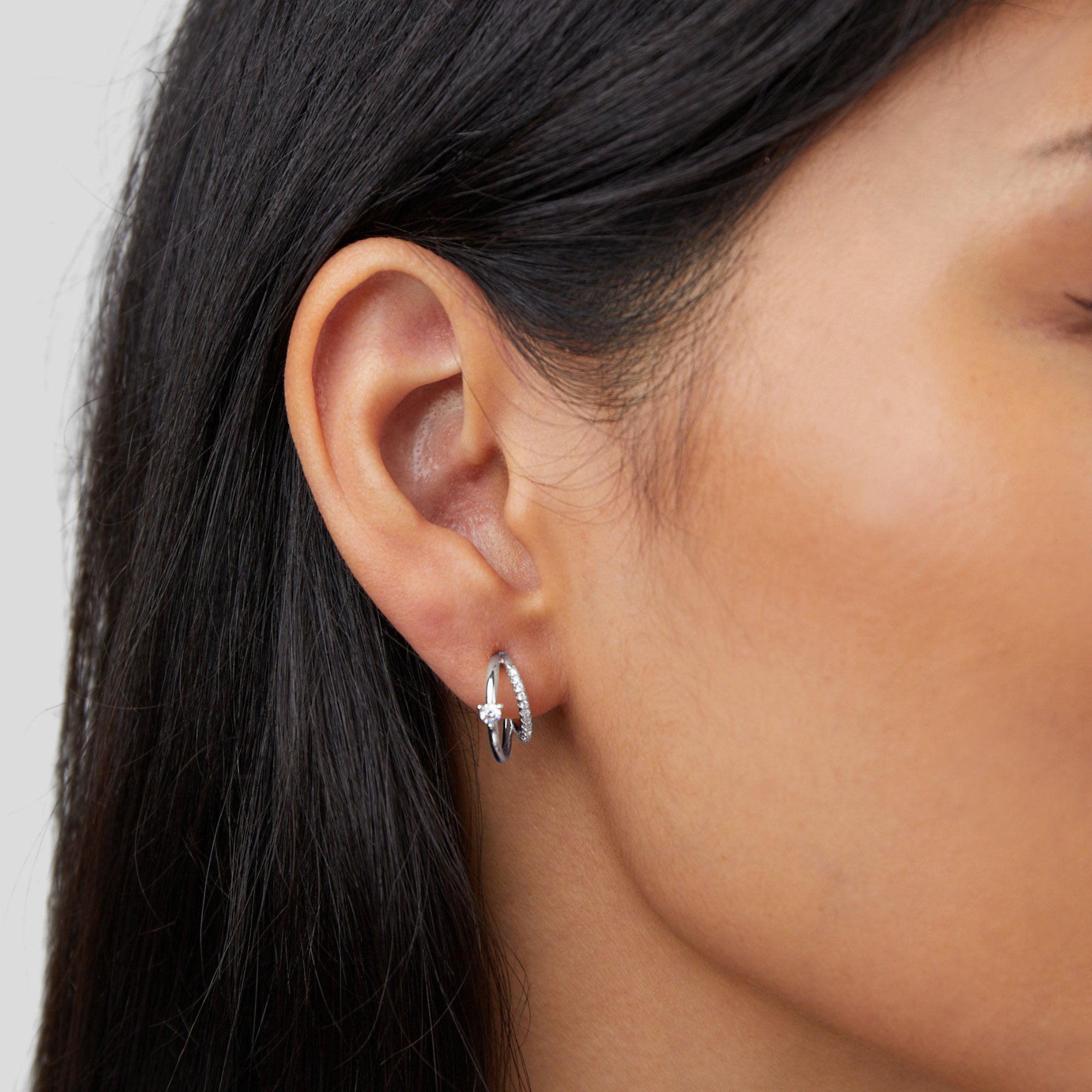 Layered Crystal Silver Hoop Earrings
