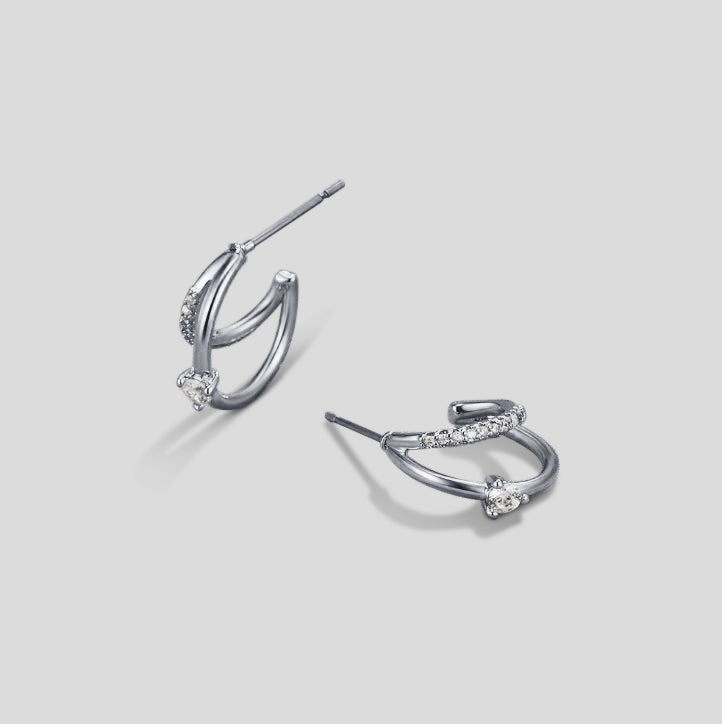 Layered Crystal Silver Hoop Earrings