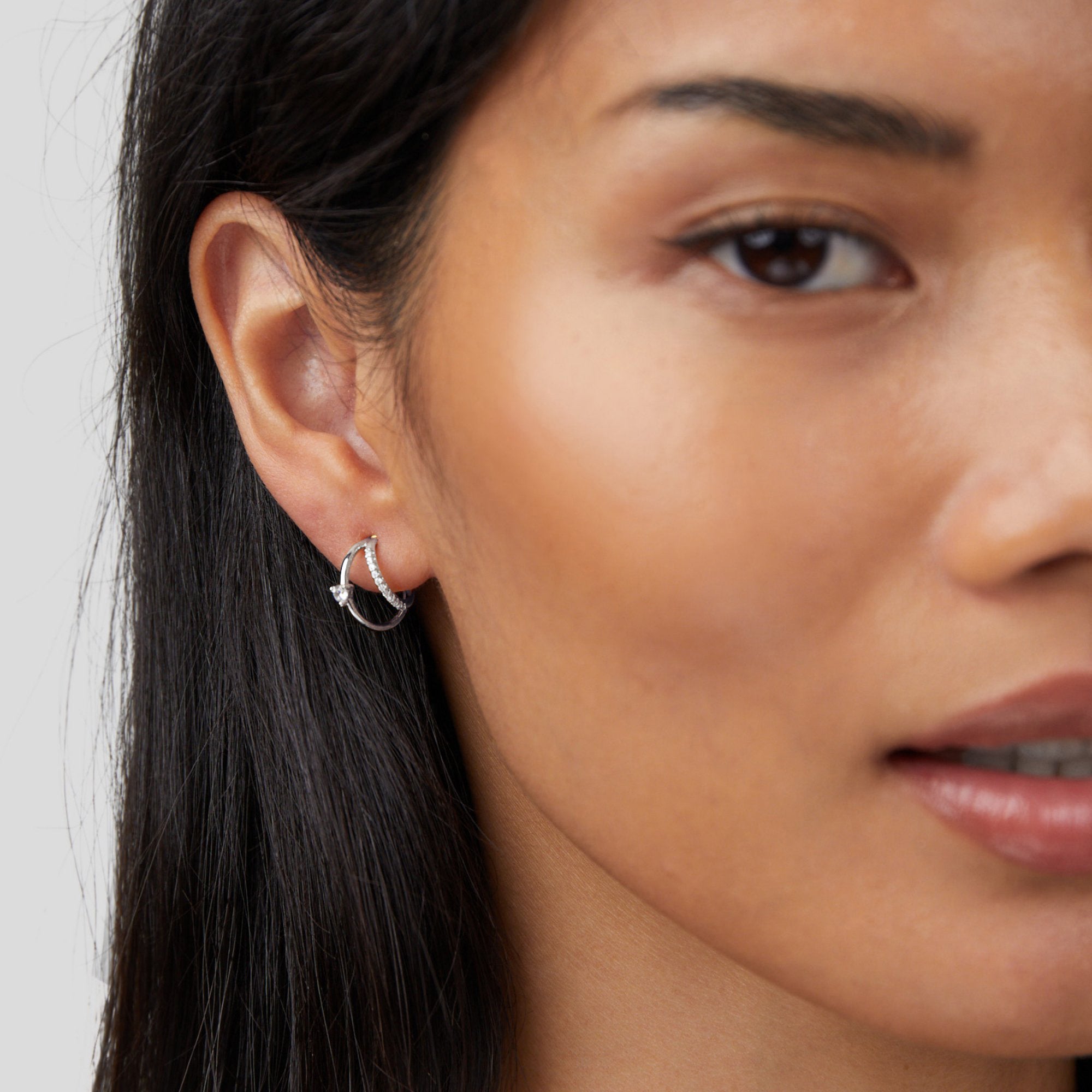 Layered Crystal Silver Hoop Earrings