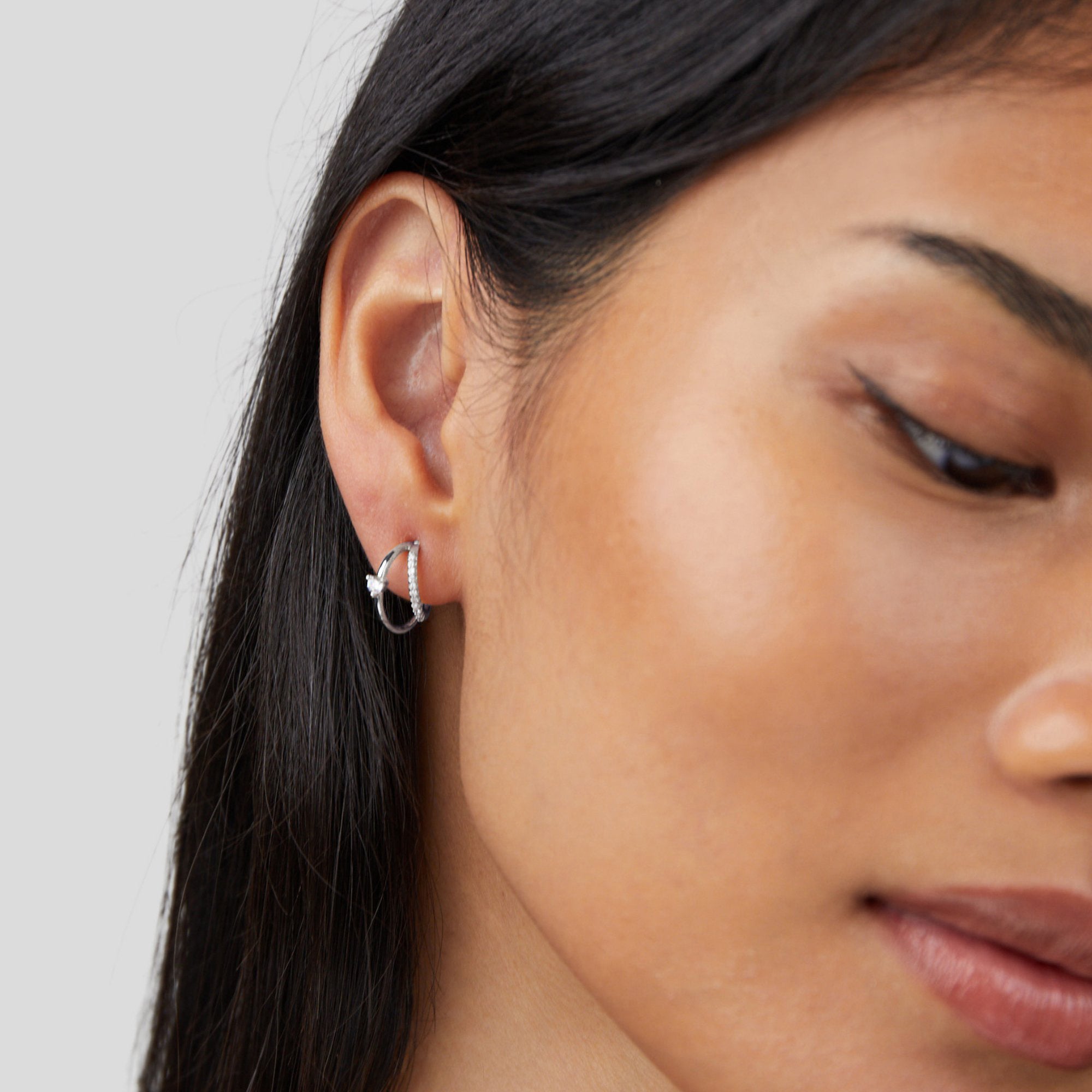 Layered Crystal Silver Hoop Earrings